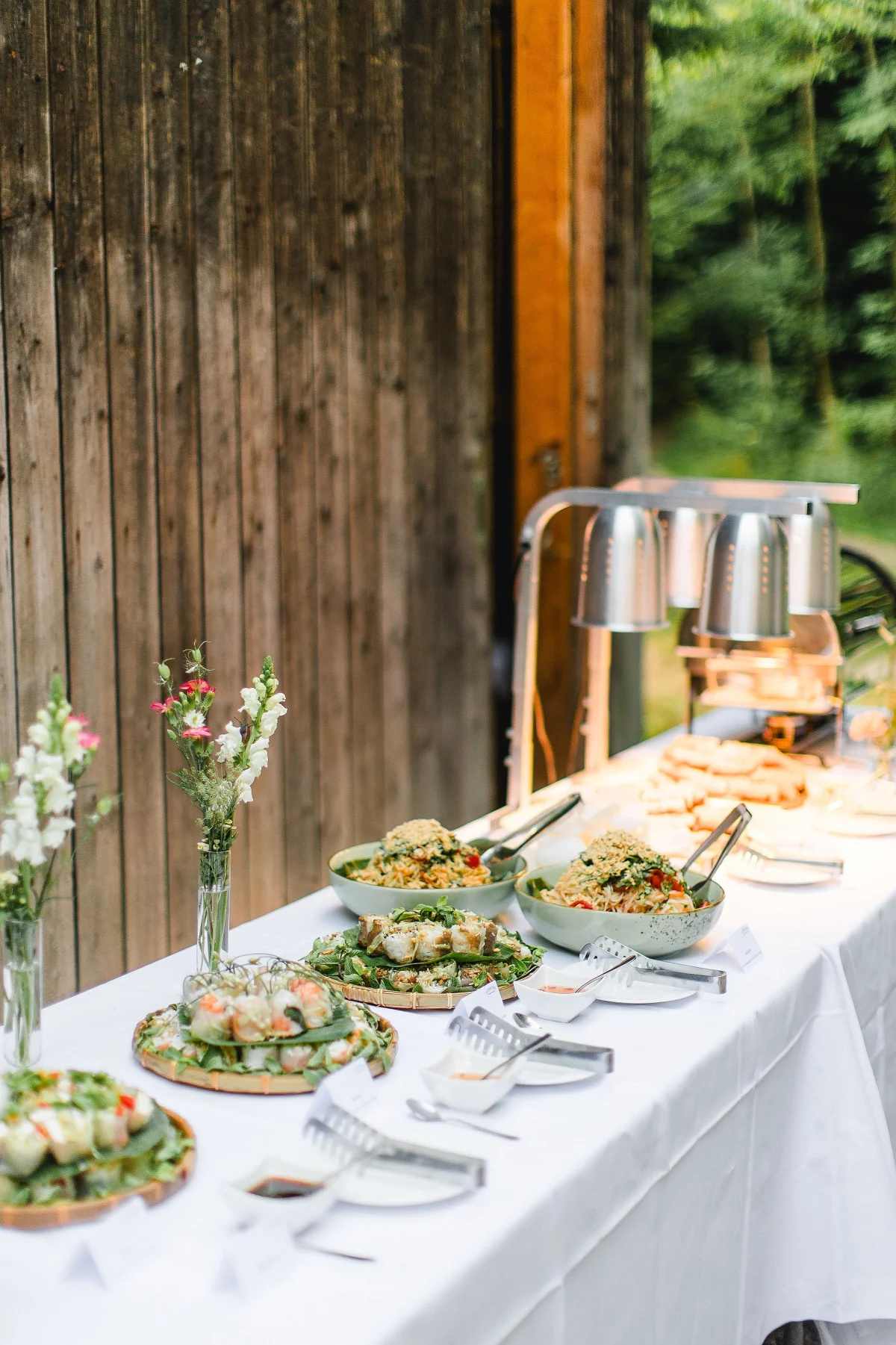 Vietnamesisches Outdoor-Catering-Buffet mit Sommerrollen und gebratenen Nudeln